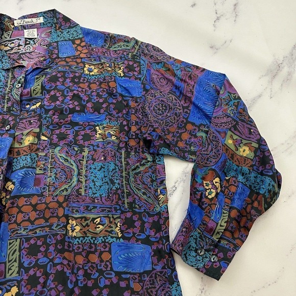 Punch Womens Vintage 90s Silk Oversize Shirt Size M Purple Blue Abstract Floral - Picture 3 of 11